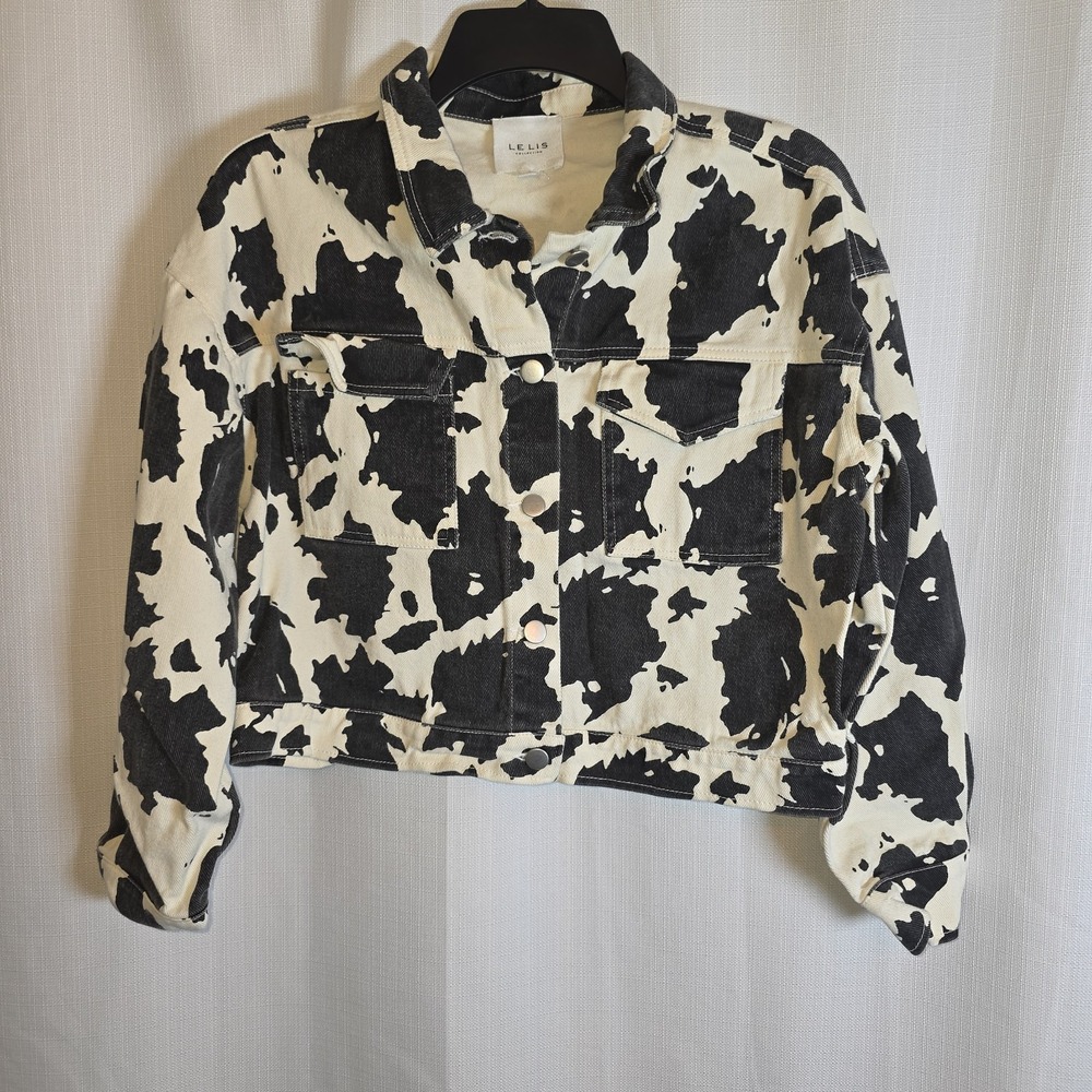 Anthropogie Le Lis Women's Cropped Cow Print Jean Jacket Black/Cream Size S